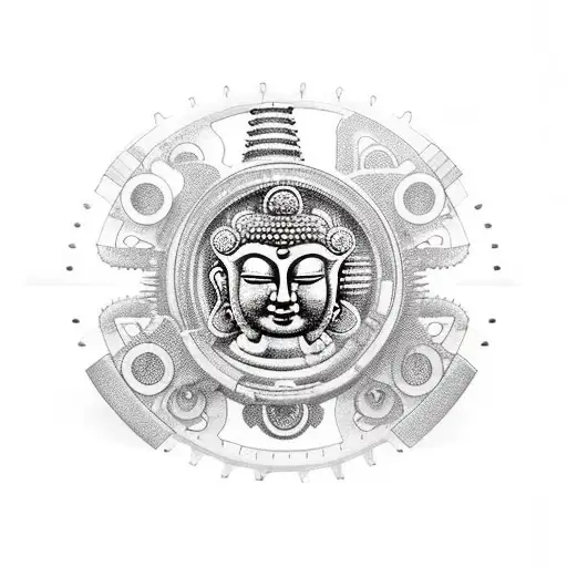 A Buddha statue made of mechanical parts and gears, surrounded by JDM cars tattoo design idea