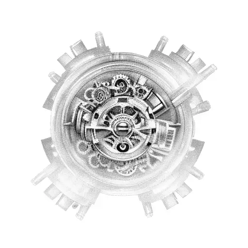A Buddha statue made of mechanical parts and gears, surrounded by JDM cars tattoo design idea