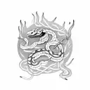 A smoke-filled desert landscape with a snake weaving through ancient Viking symbols tattoo design idea