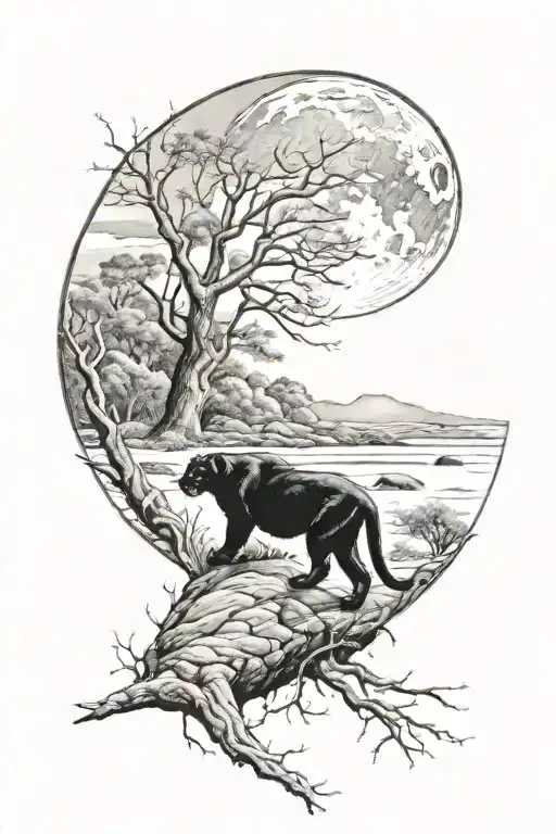 panther stalking prey under full moon tattoo design idea