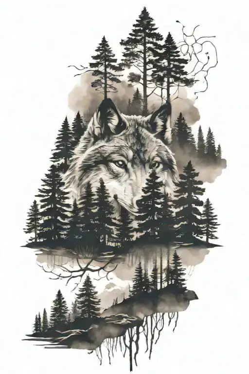 double exposure wolf and black forest filled tattoo design idea