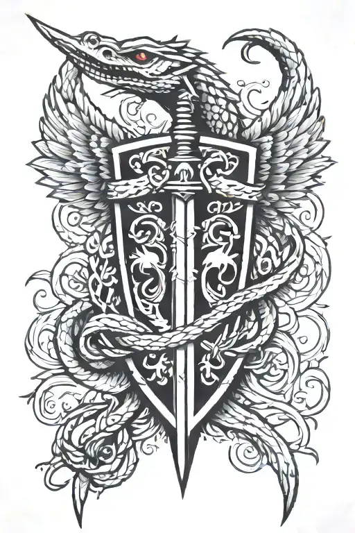 sword with broken wings and two snakes intertwined behind a shield  tattoo design idea