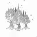 3 mountains with a holly tree, elder tree, and a ash tree. A stream coming from on mountain with a small camping fire  tattoo design idea