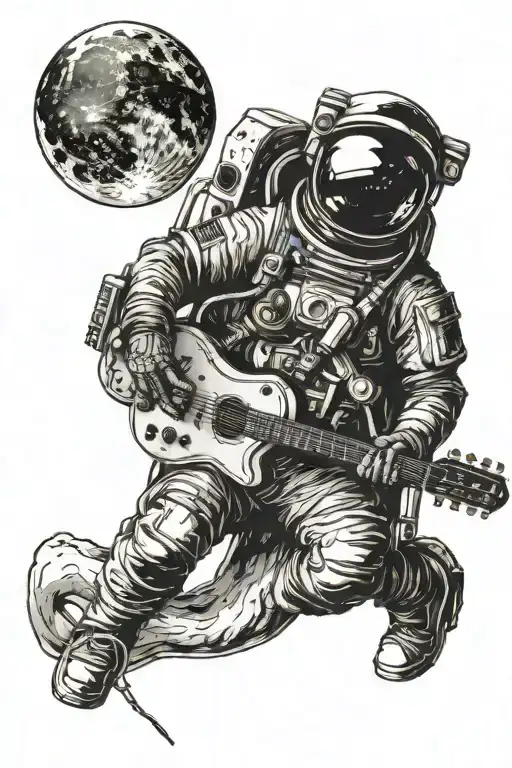 Astronaut on moon play guitar tattoo design idea