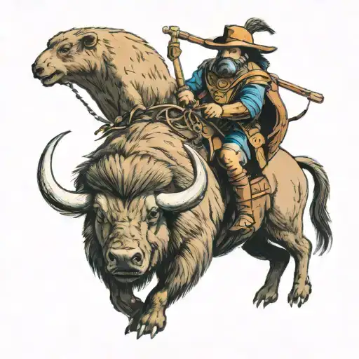 capybara warrior riding a bison to battle tattoo design idea