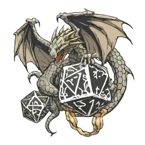 A dragon wrapped around dnd dice intertwined and a d 20 showing the number 7 tattoo design idea