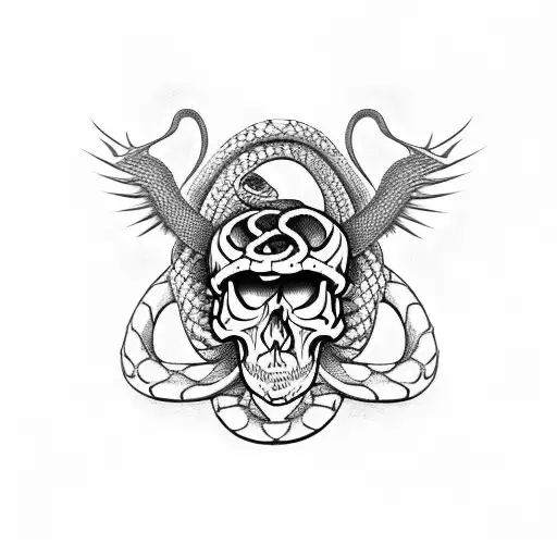 A skull and snake intertwined in a fierce battle tattoo design idea