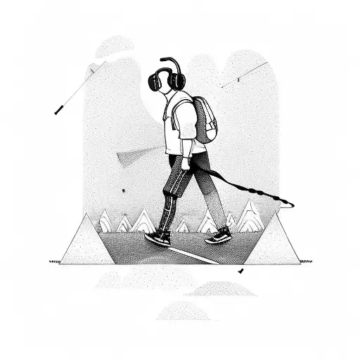 Person on a long walk with headphones, surrounded by sports equipment tattoo design idea
