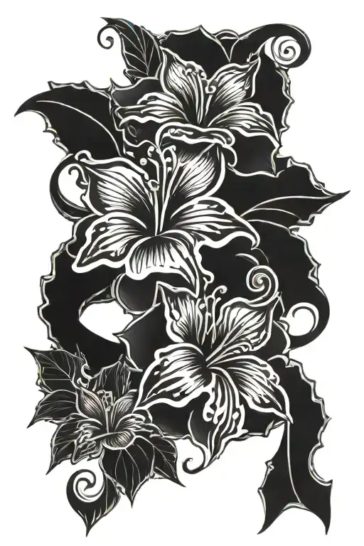 tribal hibiscus and shark tattoo design idea