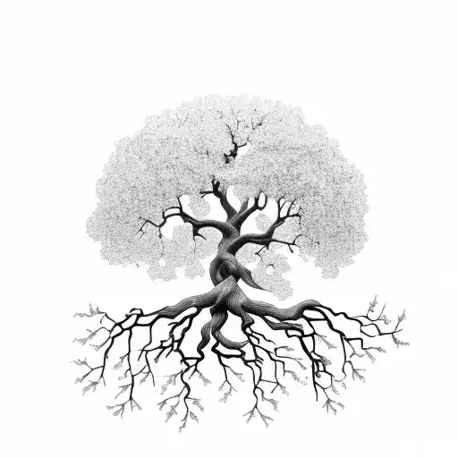 Black and Grey "Oak Tree, Tree Of Life, Flower, Roots" Tattoo Idea