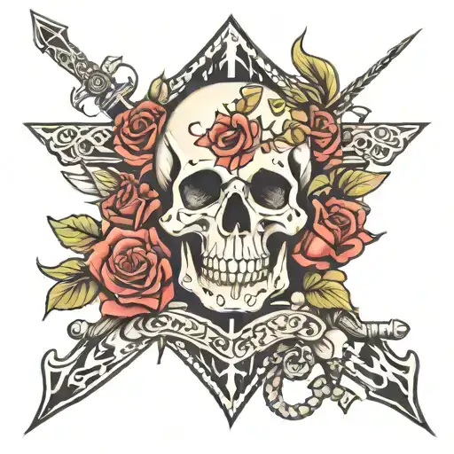 Skull Roses Arrow and anchor intertwined tattoo design idea