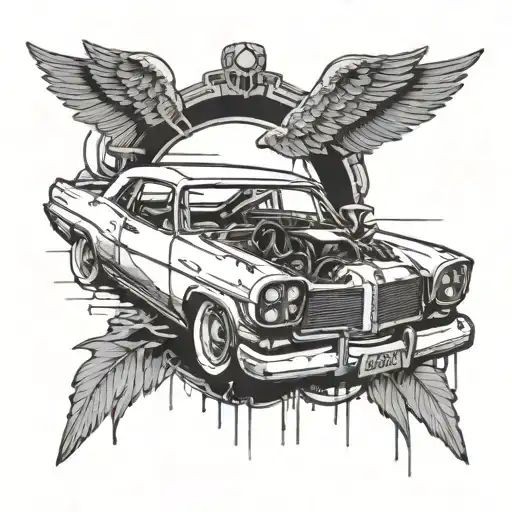 Incorporate a broken car symbolizing the accident, with a halo above it representing the passing of the other driver tattoo design idea