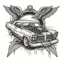 Incorporate a broken car symbolizing the accident, with a halo above it representing the passing of the other driver tattoo design idea