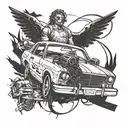 Incorporate a broken car symbolizing the accident, with a halo above it representing the passing of the other driver tattoo design idea