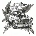 Incorporate a broken car symbolizing the accident, with a halo above it representing the passing of the other driver tattoo design idea