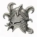 Ancient Greek helmet lying abandoned on the ground tattoo design idea