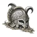 Ancient Greek helmet lying abandoned on the ground tattoo design idea