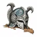 Ancient Greek helmet lying abandoned on the ground tattoo design idea