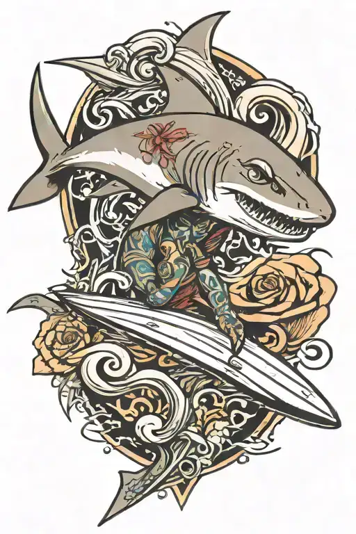human shaped shark with surfboard  tattoo design idea