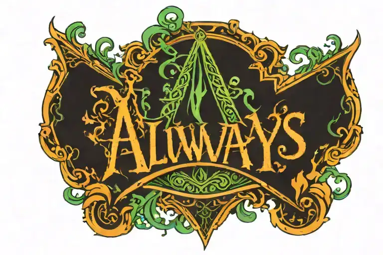 Word "Always" written with font from Harry Potter and letter A replaced with deathly hallows and green colors on backgro tattoo design idea