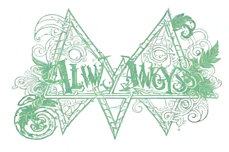 Word "Always" written with font from Harry Potter and letter A replaced with deathly hallows and green colors on backgro tattoo design idea