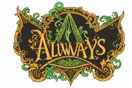 Word "Always" written with font from Harry Potter and letter A replaced with deathly hallows and green colors on backgro tattoo design idea