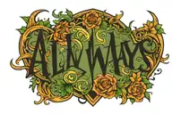 Word "Always" written with font from Harry Potter and letter A replaced with deathly hallows and green colors on backgro tattoo design idea