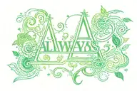Word "Always" written with font from Harry Potter and letter A replaced with deathly hallows and green colors on backgro tattoo design idea