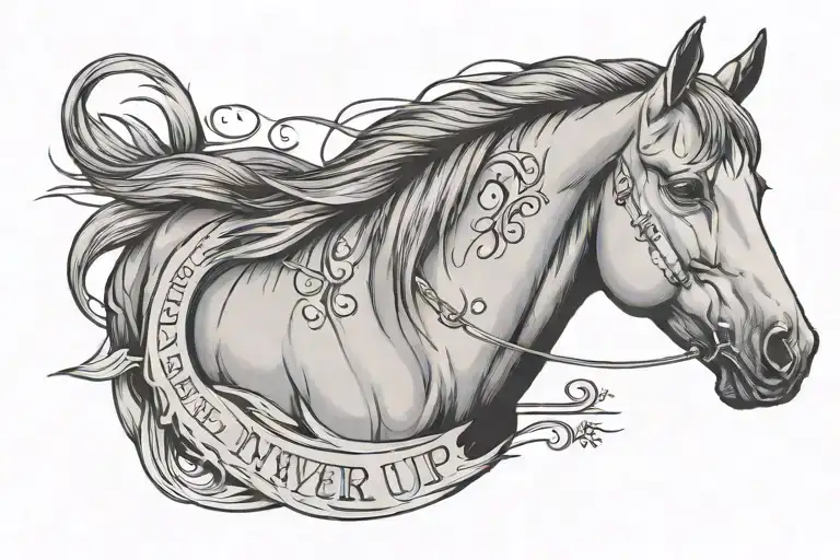 horse head with words "never give up"  tattoo design idea