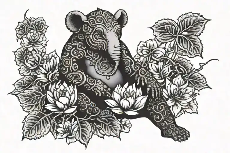 MOW3 red with black Grapevine Black Bear Ganesha Lotus tattoo design idea