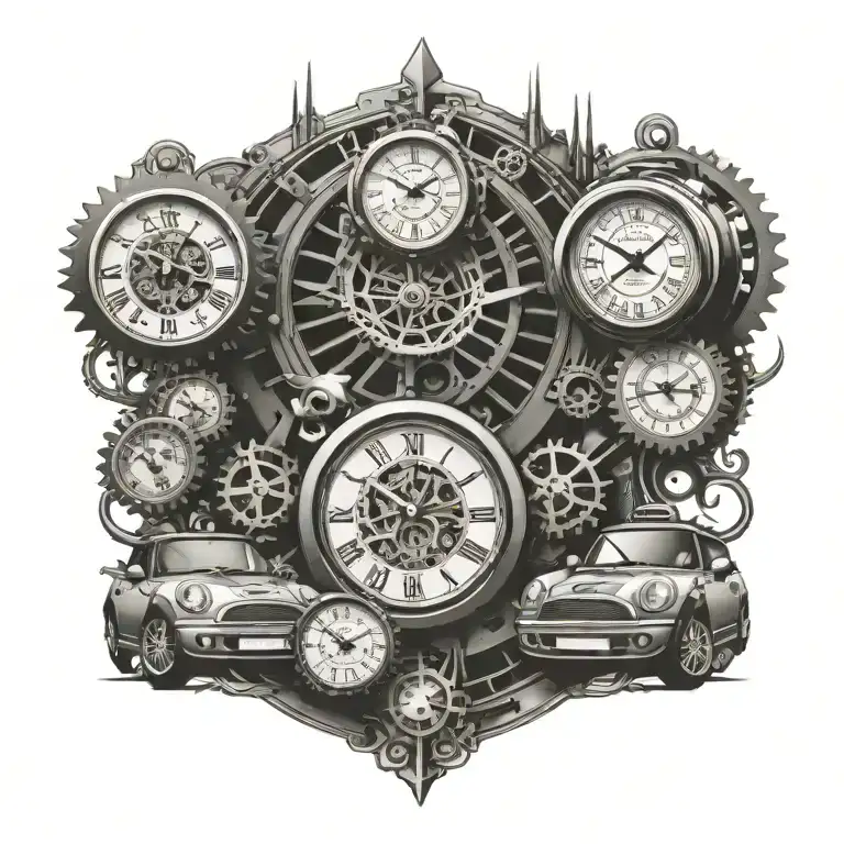 clocks gear integrated and one old mini cooper tattoo design idea