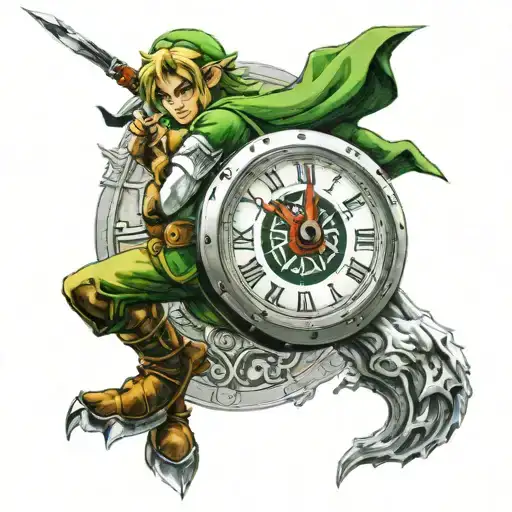 Link from legend of zelda ocarina of time in front of clock tattoo design idea