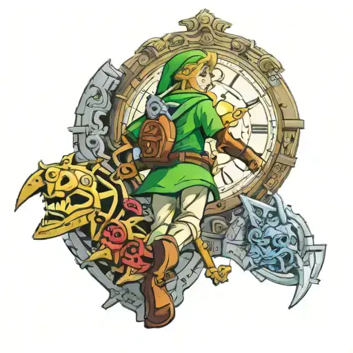 link from legend of zelda ocarina of time walking infront of a giant clock  tattoo design idea