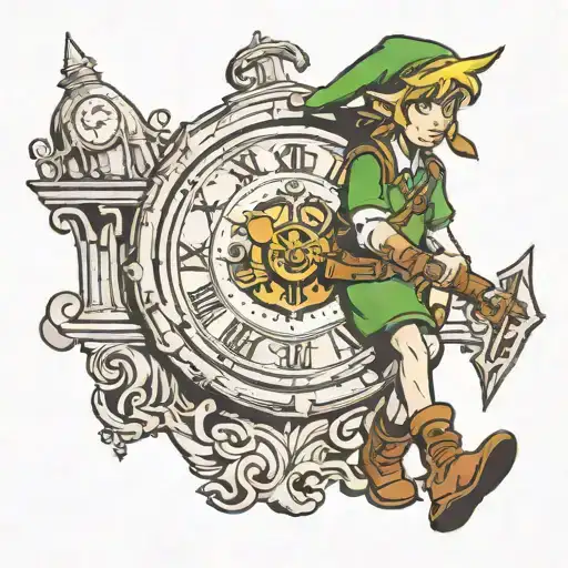 Link walking away from clock face tattoo design idea