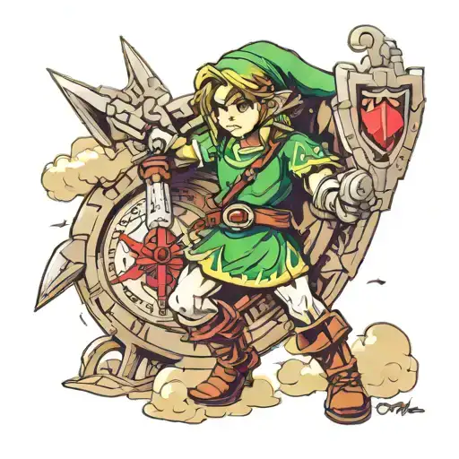 Link from legend of zelda ocarina of time in front of clock tattoo design idea