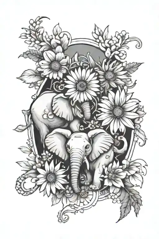 gerber daisy with elephants and libra symbol tattoo design idea
