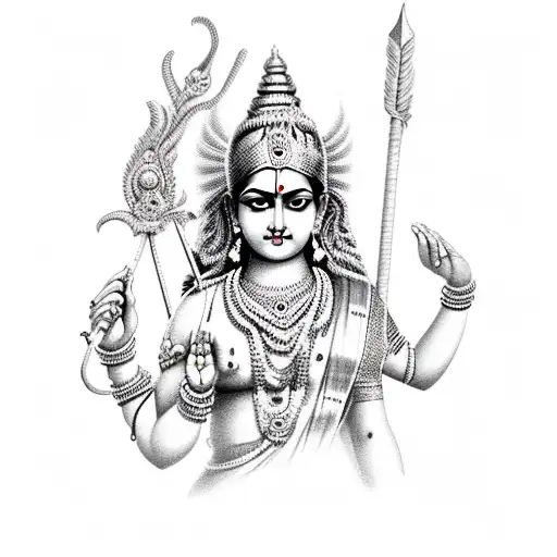hindu Devi with four hands with a sugarcane bow on one hand and flower arrow on other hand tattoo design idea