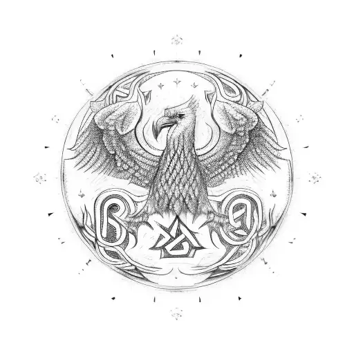 white griffin with anglo saxon runes in a circle around it tattoo design idea