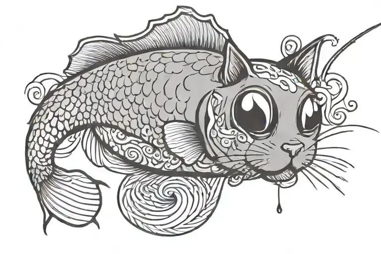 cat fish fishing pole intertwined tattoo design idea
