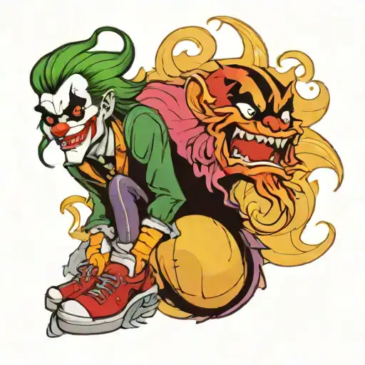 animated leg sleeve tattoo featuring beastly boy, buggy the clown, the joker, and loki from record of ragnarok tattoo design idea
