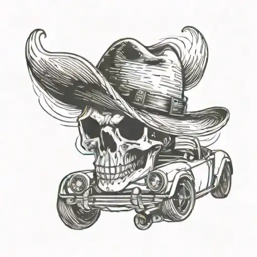 Please could you create a tattoo which is a black and white line drawing of a skeleton in a cowboy hat driving a mx-5 wi tattoo design idea