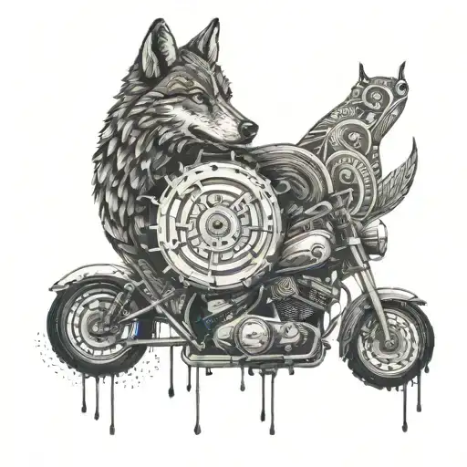 A motorcycle wheel with intricate wolf and rain themed patterns tattoo design idea