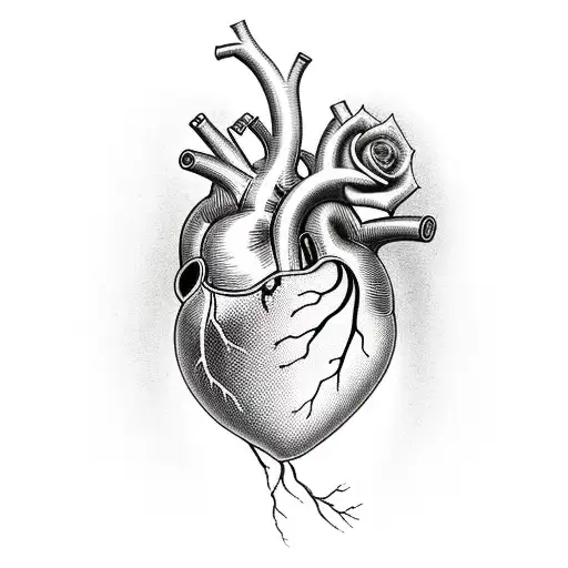 Human Heart with see thru artery delivering Fuel. Lower Heart see thru showing a engine piston and a rose growing outsid tattoo design idea