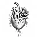 Human Heart with see thru artery delivering Fuel. Lower Heart see thru showing a engine piston and a rose growing outsid tattoo design idea