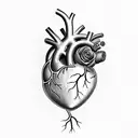 Human Heart with see thru artery delivering Fuel. Lower Heart see thru showing a engine piston and a rose growing outsid tattoo design idea