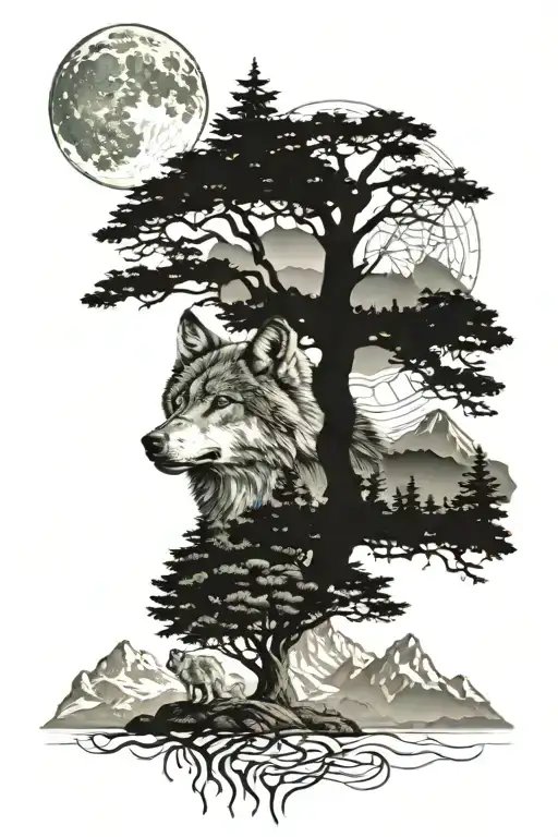 wolf and mountains with sacred geometry tree tattoo design idea