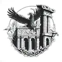 An intricate tattoo design combining elements of Roman architecture and Greek mythology, such as a colosseum with mythical creatures like a griffin or chimera, representing the client's interests in history and mythology tattoo design idea