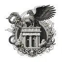 An intricate tattoo design combining elements of Roman architecture and Greek mythology, such as a colosseum with mythical creatures like a griffin or chimera, representing the client's interests in history and mythology tattoo design idea