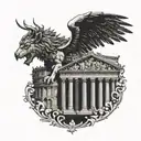 An intricate tattoo design combining elements of Roman architecture and Greek mythology, such as a colosseum with mythical creatures like a griffin or chimera, representing the client's interests in history and mythology tattoo design idea