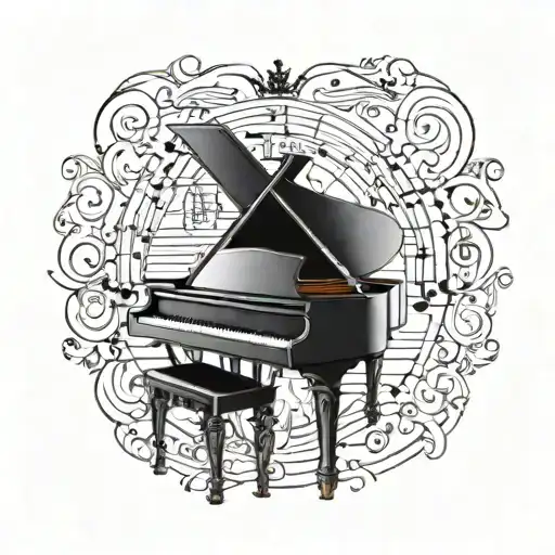 A detailed blackwork tattoo of a grand piano surrounded by musical notes and a frame border tattoo design idea